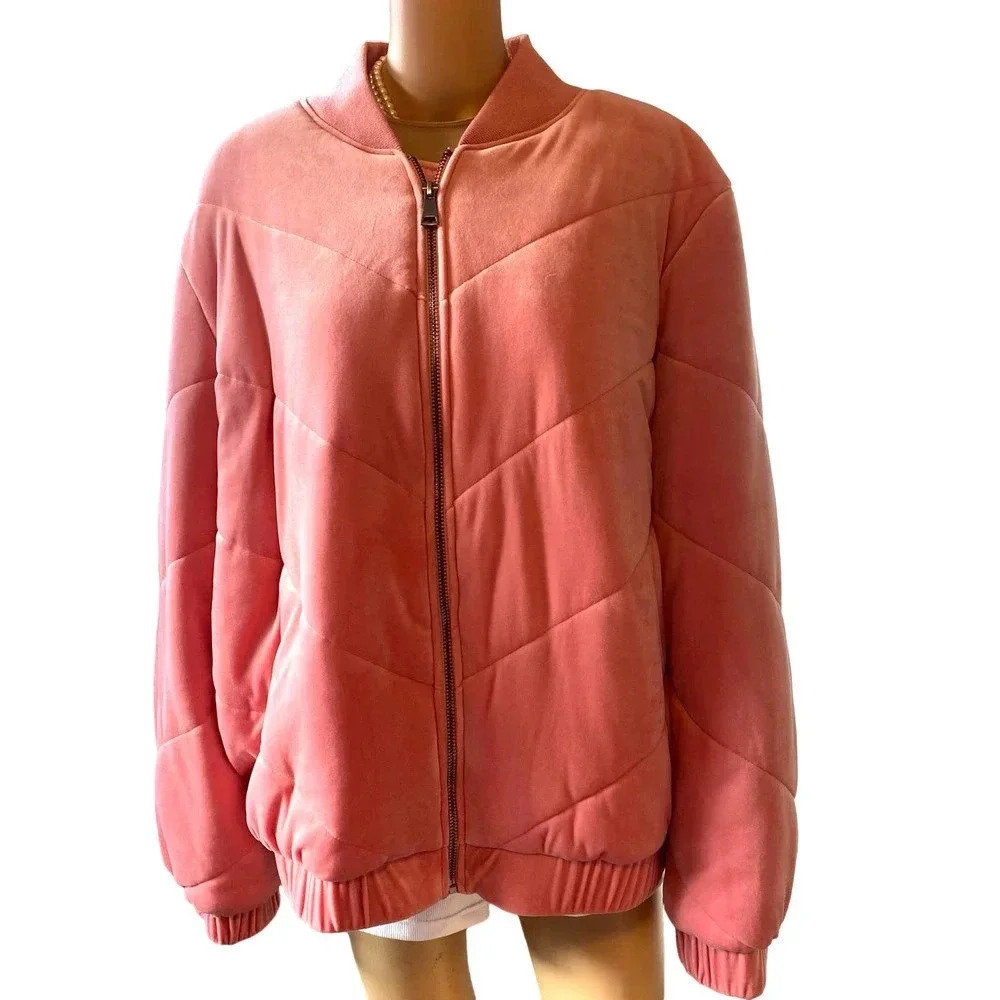 Woman Within Soft Cozy Casual Bomber Pink Velour Jacket Coat Full Zip + 22W/2X